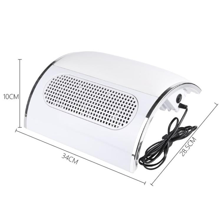 White desktop nail dust collector with vented mesh intake and attached power cord