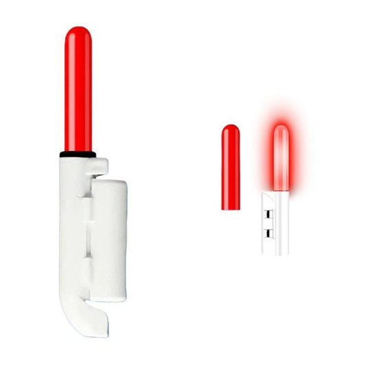 Fishing rod tip light with red round LED and white mounting clip.