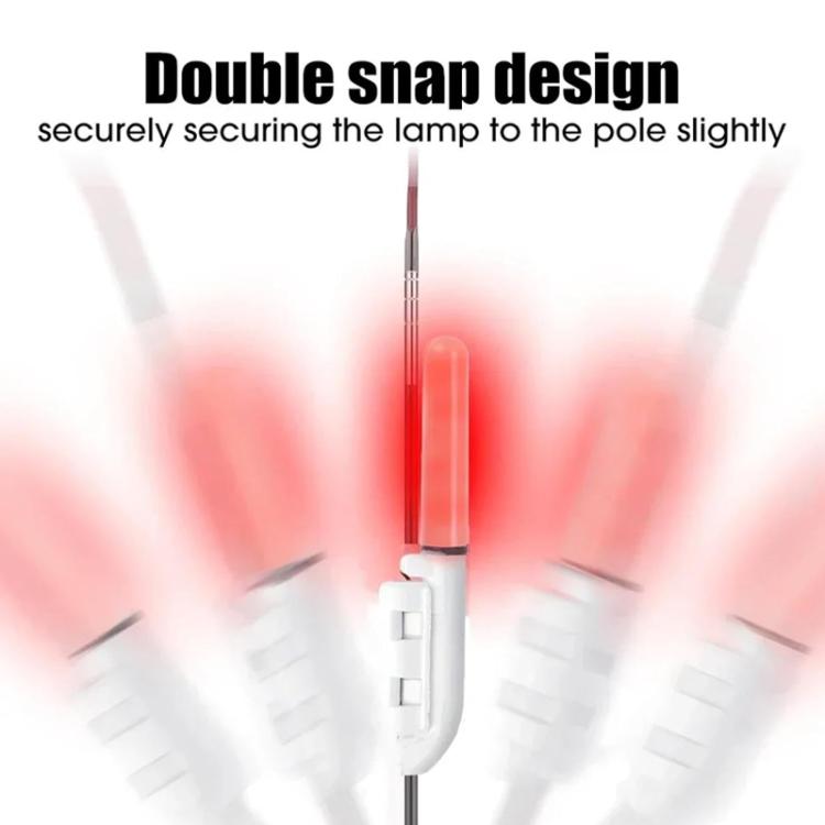 Fishing rod tip light with red LED and white double-snap pole clamp.