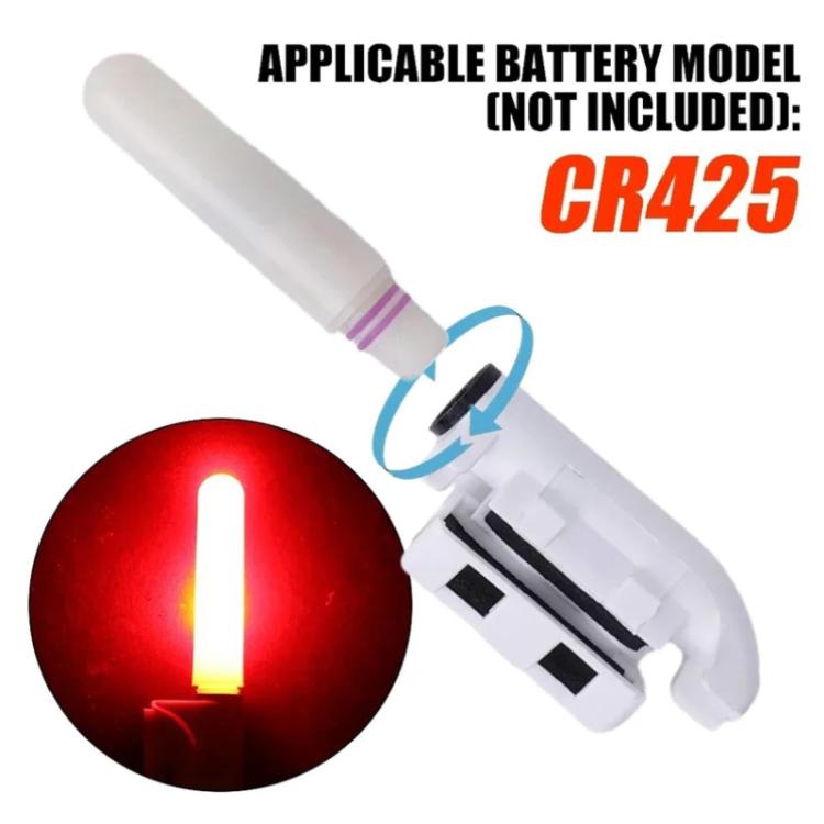 Fishing rod tip light with red round LED and white battery-holder compartment.