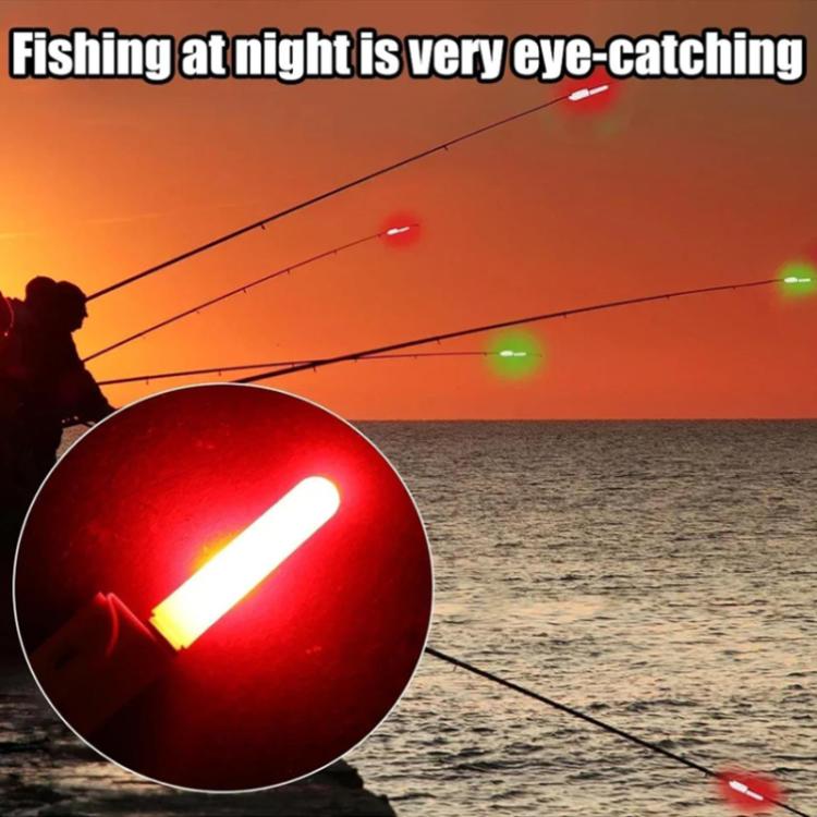 Fishing rod tip light set with red and green flashing LEDs on fishing lines.