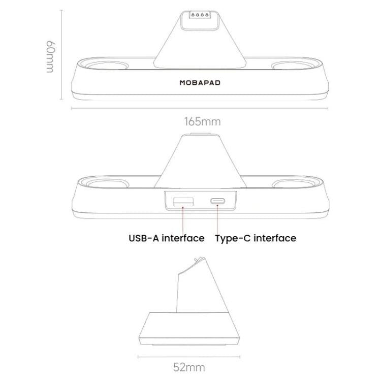 Controller charging dock dimensions diagram with USB-A and Type-C port labels