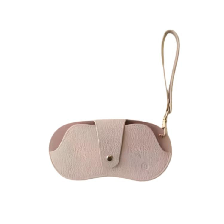 Hanging PU leather eyeglasses case with wrist strap and snap front, light pink pebble finish
