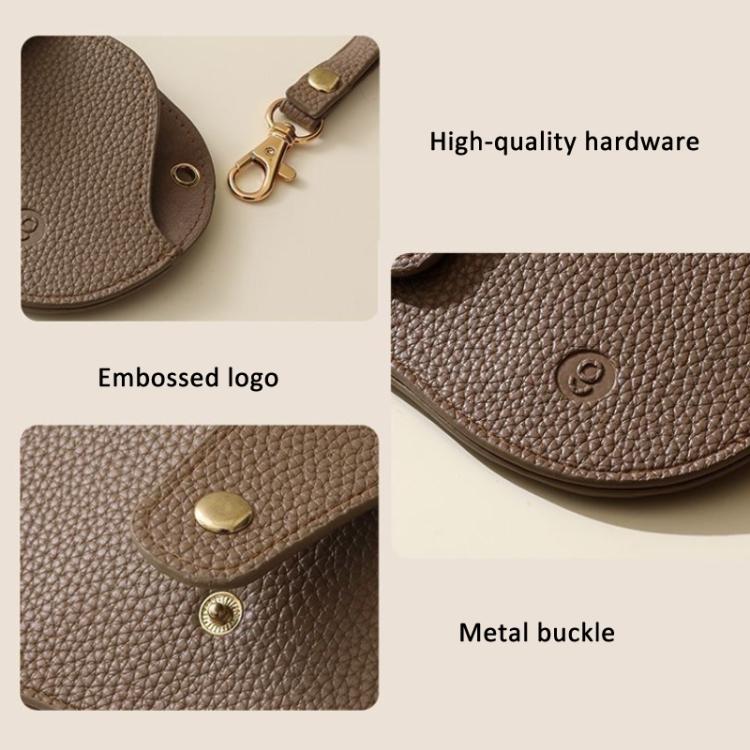 PU leather eyeglasses case details: embossed logo, metal buckle, and snap front