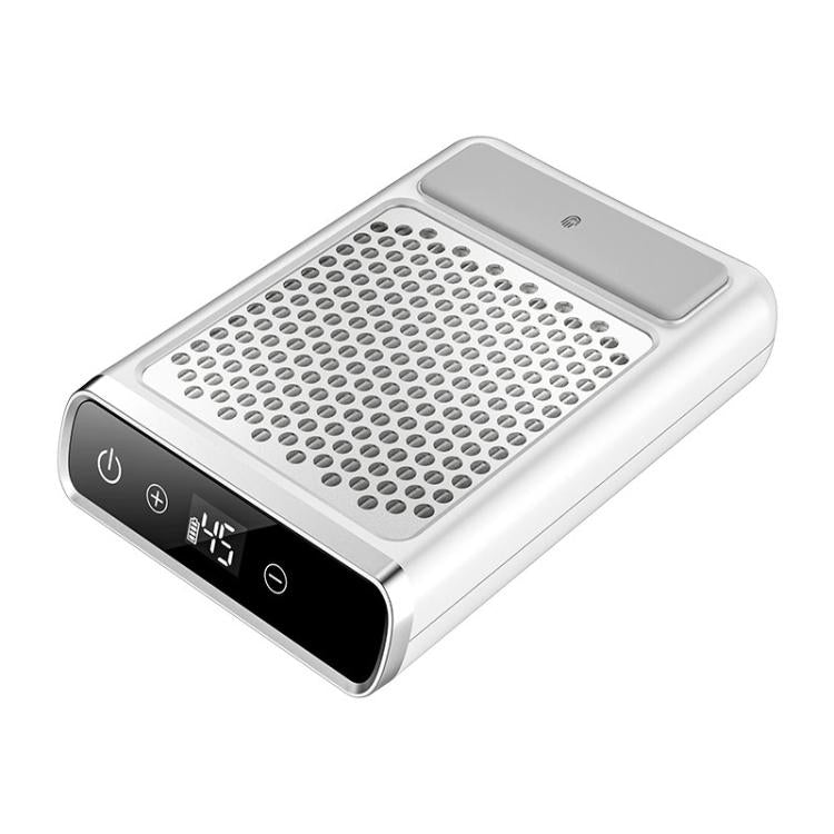 Rechargeable nail dust collector, white housing with perforated intake and control panel