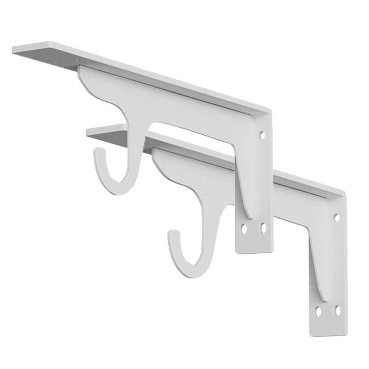 White triangular wall-mount shelving bracket with two curved hooks and mounting holes