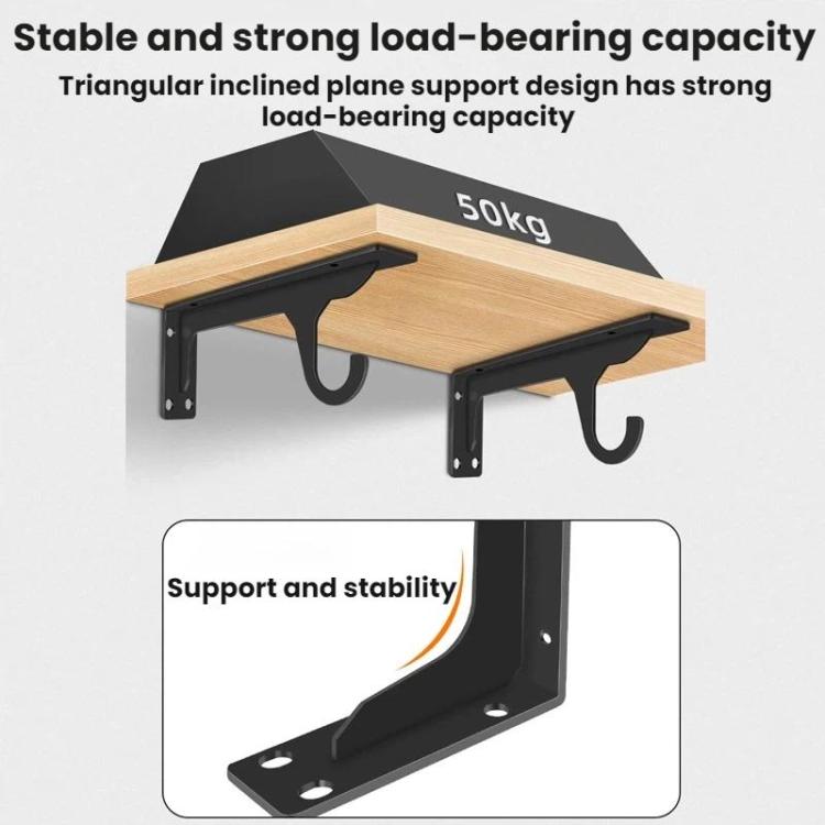 Black triangular wall-mounted shelving bracket holding a wooden shelf with double hooks