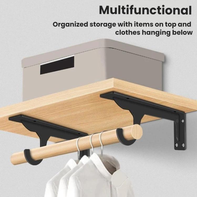 Heavy-duty triangular wall-mounted shelving support brackets, black, with hanging hook