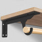 Black triangular wall-mounted shelving bracket with mounting holes and hook, close-up