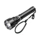 Black diving flashlight with textured grip and lanyard loop, angled front view