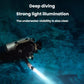 Diving flashlight shining bright beam underwater, with lanyard cord attached