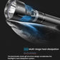 Close-up diving flashlight with finned heatsink and water splash effect near body