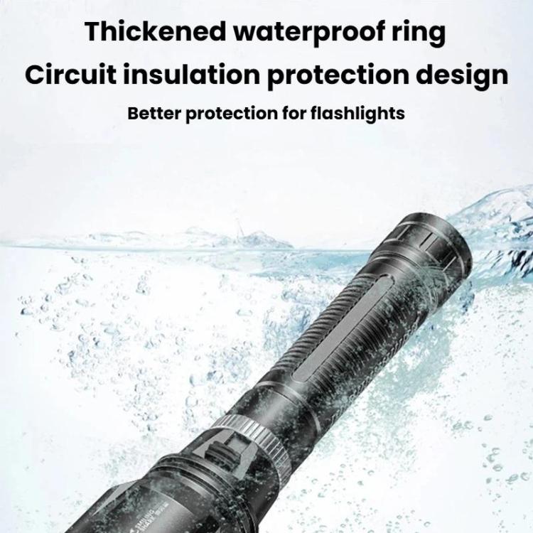 Black diving flashlight with thickened waterproof ring, water splash by the head