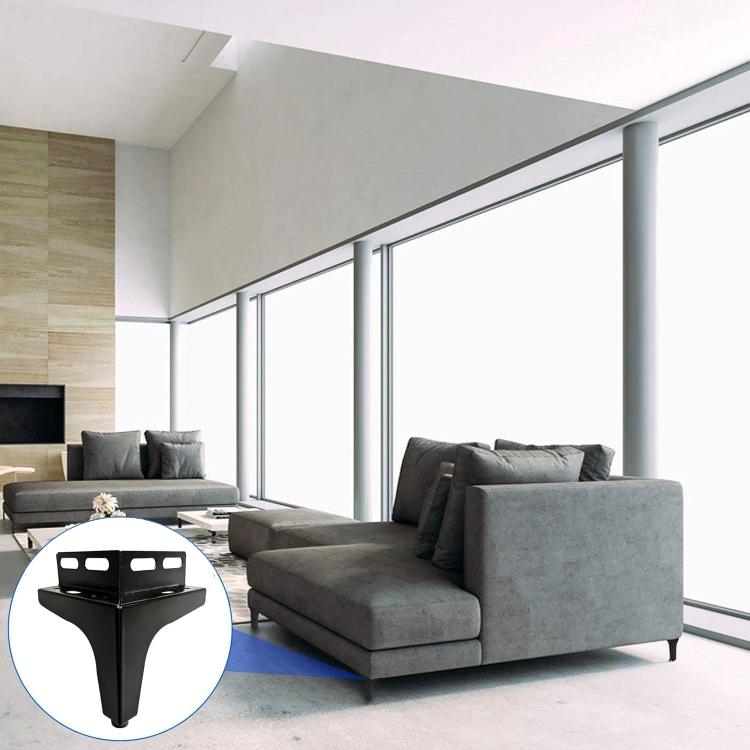 Furniture corner support bracket for sofa legs, black metal, shown with mounting holes