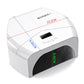 White nail curing lamp with size measurements and front display panel visible