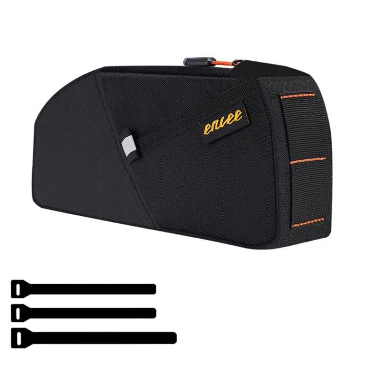 Black waterproof bike top tube frame bag with front organizer panel and zip closure