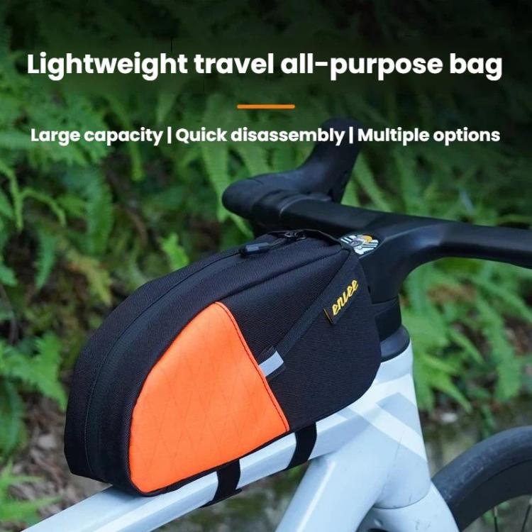 Orange-accented bike top tube frame bag mounted on front frame