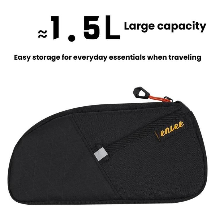 Black waterproof bike top tube frame bag with logo patch and zip closure
