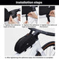 Hands installing a bike top tube frame bag with adhesive tape and straps