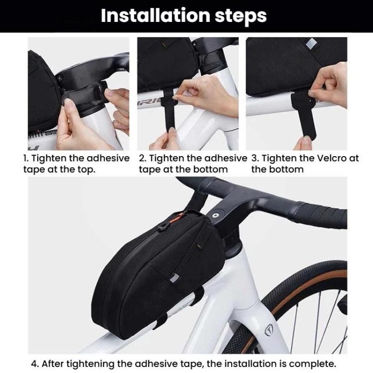 Hands installing a bike top tube frame bag with adhesive tape and straps
