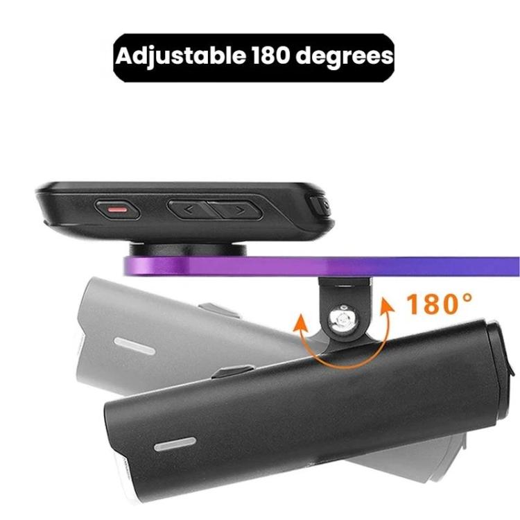 Adjustable bike light mount with purple extension frame and black holder