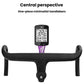 Bike handlebar with computer display mounted on a purple extension base