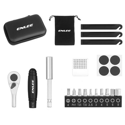 Bike ratchet wrench repair kit with pouch, ratchet wrench, screwdriver bits, tire tools, patches