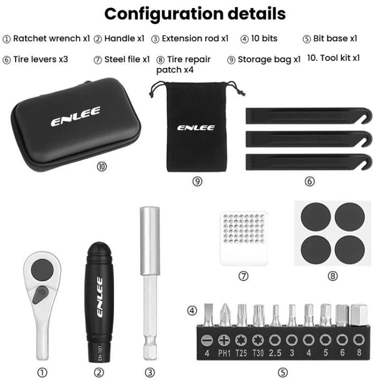 ENLEE bike repair kit components: pouch, ratchet, extension rod, tire levers, patch set