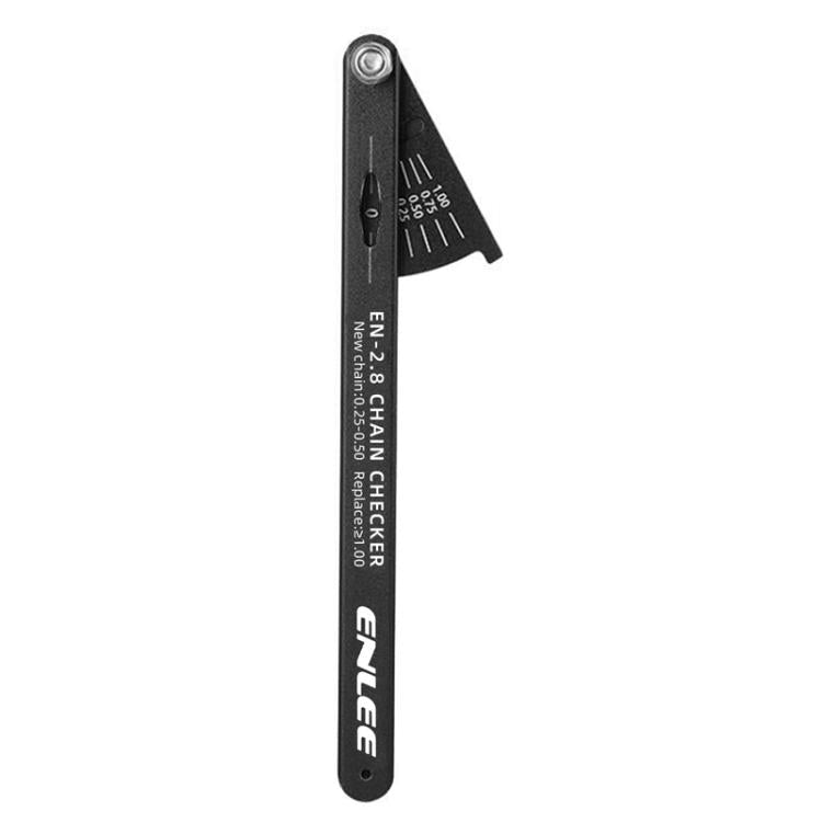 Bike chain wear checker tool with rotating gauge and measuring markings, black