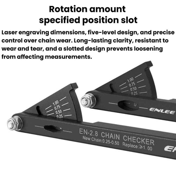 Bike chain wear checker with labeled scale and rotating gauge slot, black