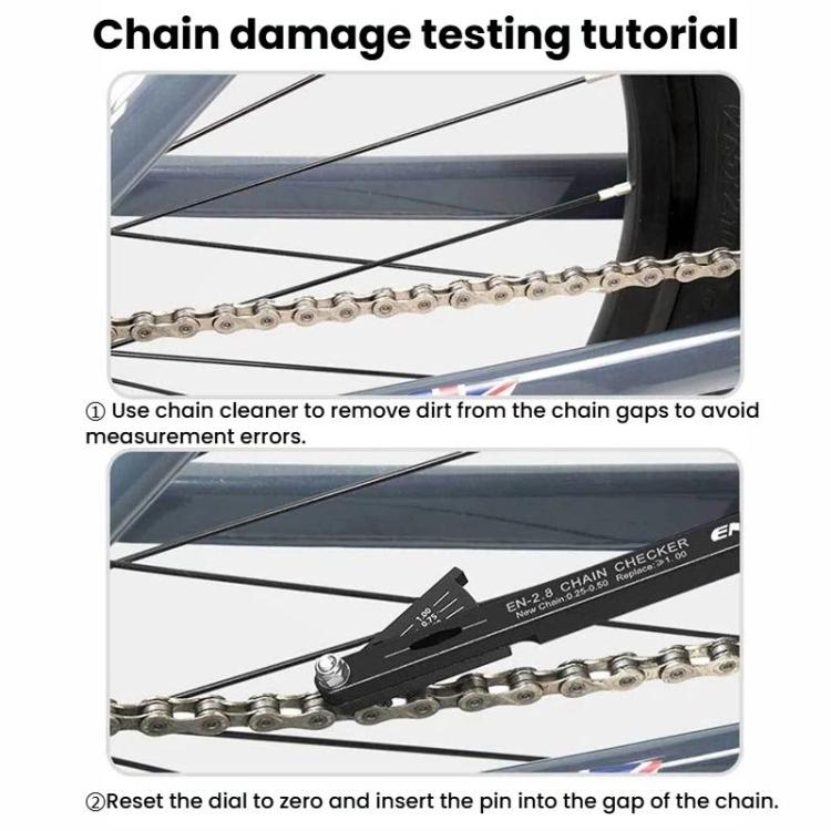 Bike chain wear checker tool inserted into bicycle chain for measurement, black