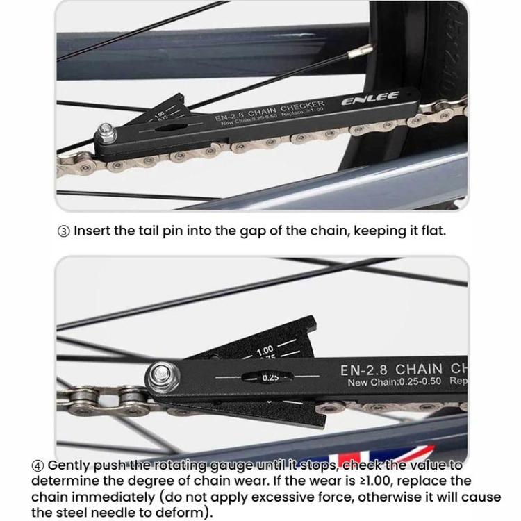 Bike chain wear checker tool inserted into chain gap, keeping tool flat, black