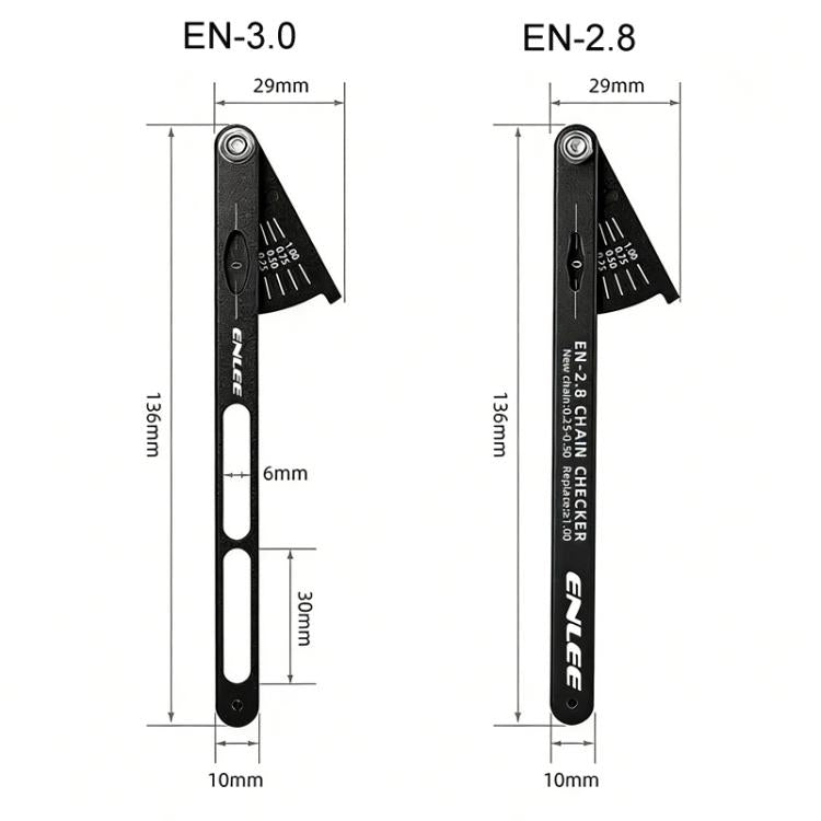 Bike chain checker size diagram showing EN-3.0 and EN-2.8 bars, black