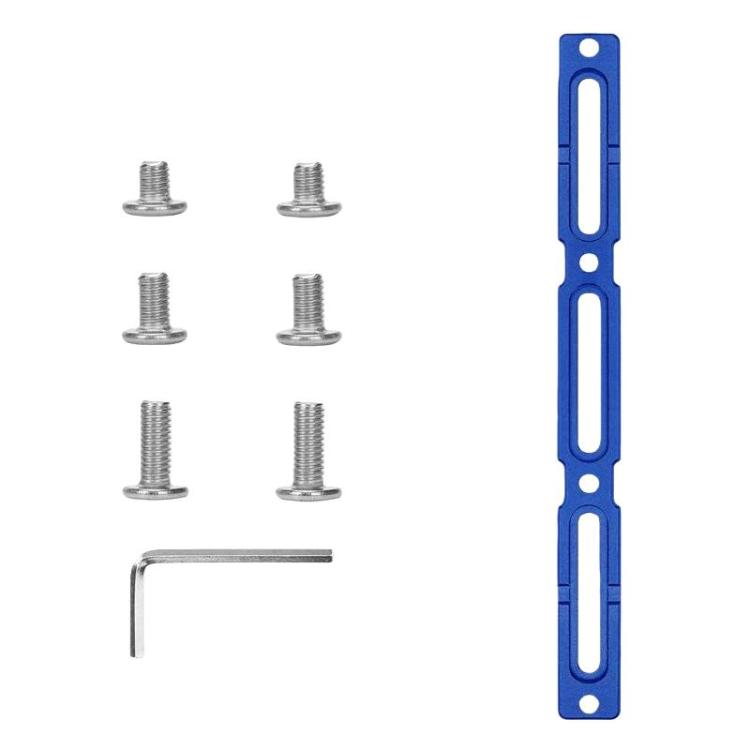 Blue long bike water bottle cage hole adjuster with screws and hex key