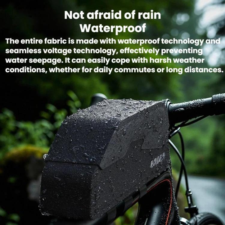 Black waterproof bike frame tube bag with water droplets on the fabric