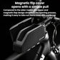 Black bike frame tube bag with flip cover open, showing the interior