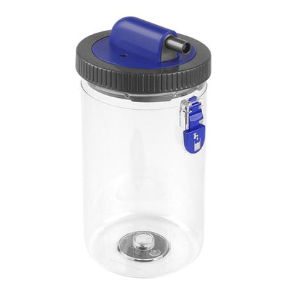 Clear water tank with black ridged lid and blue top outlet, wet vacuum accessory