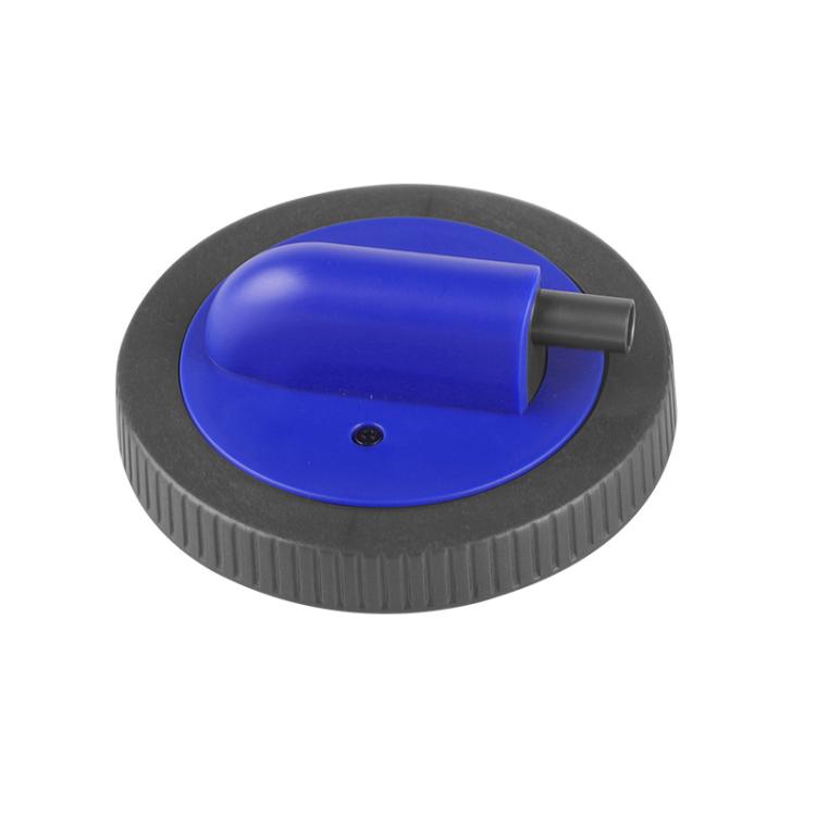 Blue water tank lid with black ridged base and outlet spout for wet vacuum