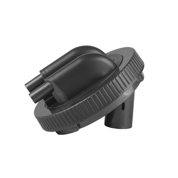 Black water tank lid with ridged base and dual outlet tubes for wet vacuum