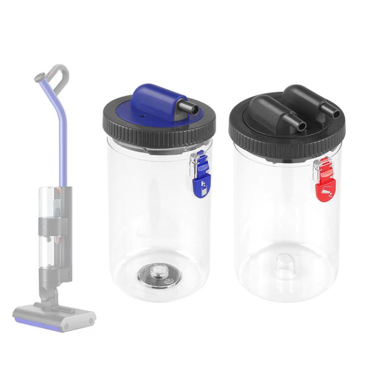 Set of two clear water tanks with blue and red latch lids, plus matching outlet tube