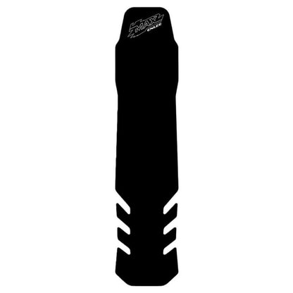 Black silicone bike frame protector pad with logo and slotted side cutouts