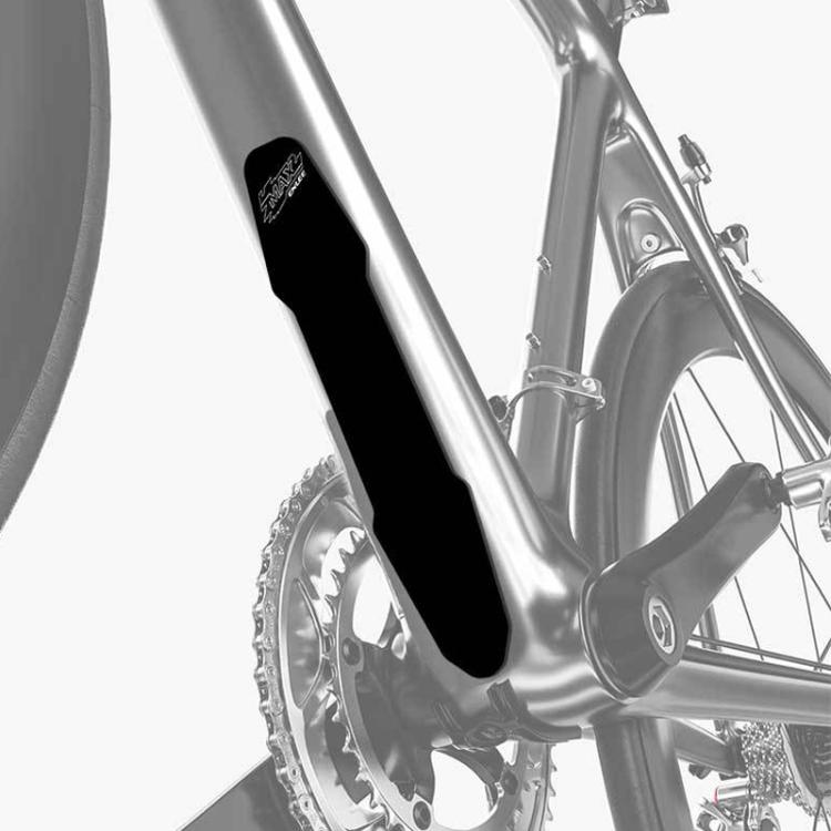 Black silicone bike frame protector pad installed on silver frame tube
