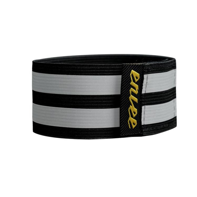 Black and gray reflective ankle strap with yellow side logo patch
