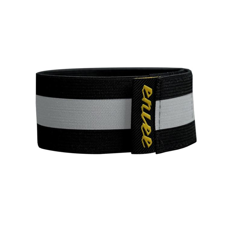 Black reflective ankle strap with gray stripe and yellow side tag