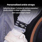 Reflective ankle strap worn over jeans near a sneaker, black and gray stripes