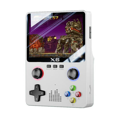 White handheld retro gaming console with color screen and dual joysticks