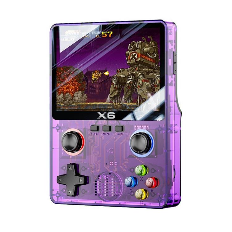 Transparent purple handheld retro gaming console with color screen and dual joysticks