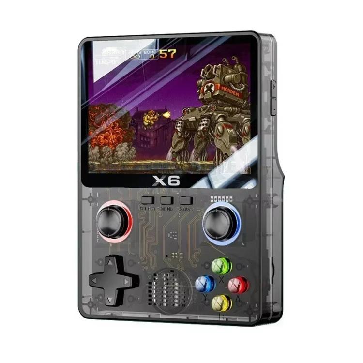 Transparent black handheld retro gaming console with color screen and dual joysticks