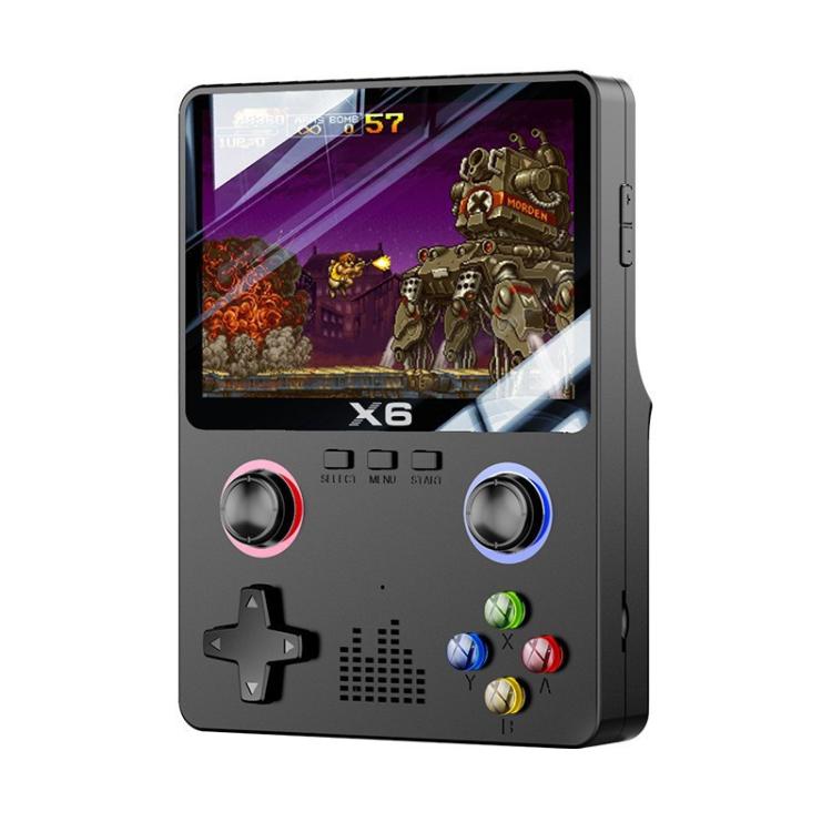 Black handheld retro gaming console front view with color screen and dual joysticks