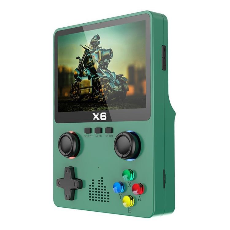 Green handheld retro gaming console side view with color screen and dual joysticks
